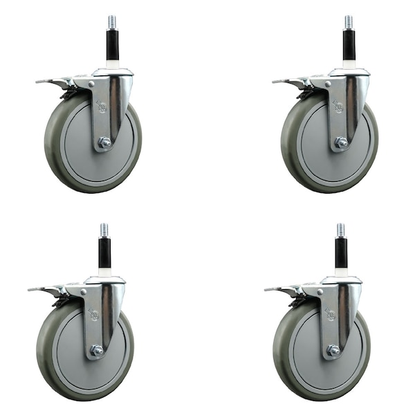 6'' Gray Poly Swivel 7/8'' Expanding Stem Caster Set Total Lock Brake, 4PK